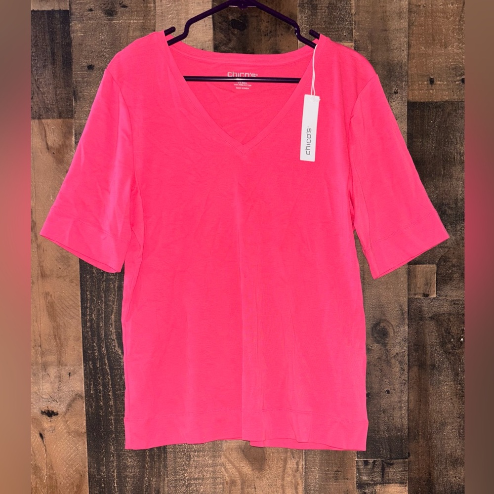 Chico's Sz 2 V-Neck Short Sleeve Top - Bright Pink New With Tags